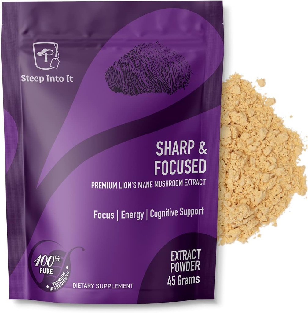 Organic Lions Mane Mushroom Supplement - Lions Mane Extract Powder for Mental Clarity, Focus and Cognitive Function (45g, 30 Servere) - Sharp & Focus