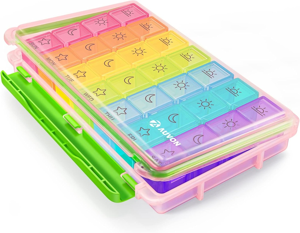 AUVON iMedassist Moisture-Proof Weekly Pill Organizer 4 Times a Day, Large 7 Day Pill Box Case with Portable Design for Travel, Removable Individual Containers Hold Vitamins, Supplements, Medications