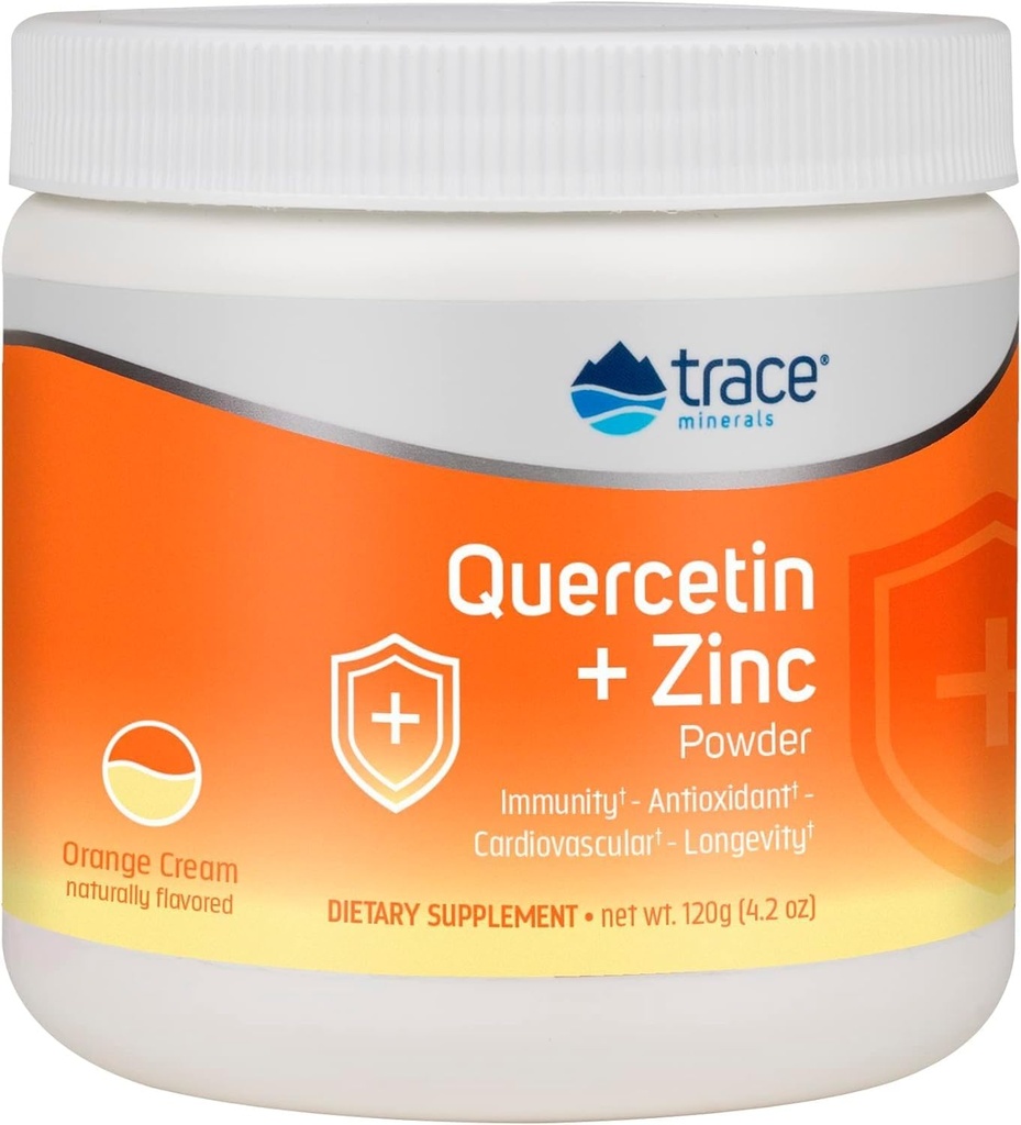 Trace Minerals Quercetin Plus Zink Powder - Antioxidant supplement til immunforsvar - Mineral supplement hjælpemidler Kardiovaskulær sundhed - Inkluderer C-vitamin & Ionic - Orange Cream, 120g (30 Servere)