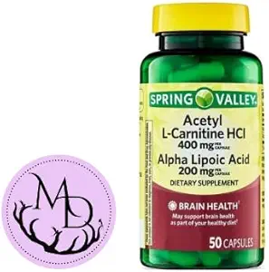 Generisk Acetyl L- Carnitin HCI 400 mg + Alpha Lipoic Acid 200 mg Kapsler Spring Valley, 50 Count + Sticker Dri Store
