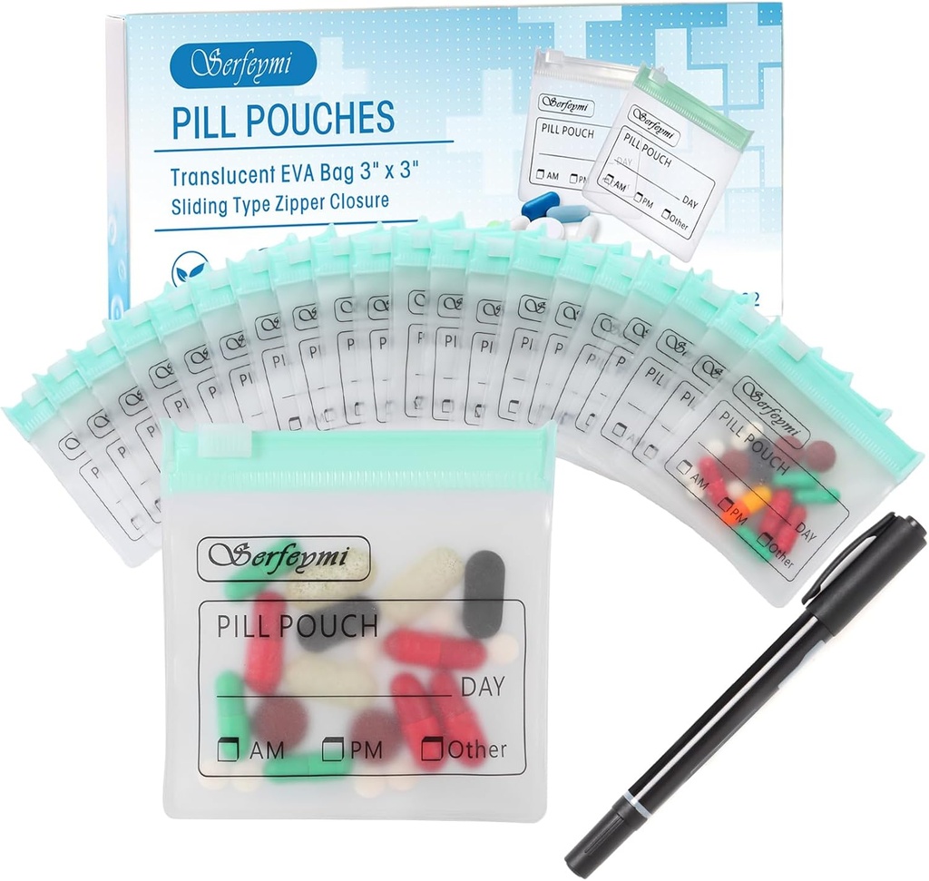 Serfeymi 32 Pcs Zipered Pill Pouches Organizer Plastic Tasker 3 X 3 Tommer 12 mil Self Sealing med Slide Lock skrivbar Label Gennemsigtig rejse medicin opbevaring taske sag og 1 Pc Marker- grøn