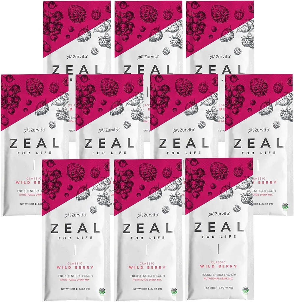 Zurvita - Zeal for Life Wellness Drink Mix - Wild Berry (Classic) Flavor - Gluten-Free, Vegan, with Vitamins and Minerals - 10 Single Packets