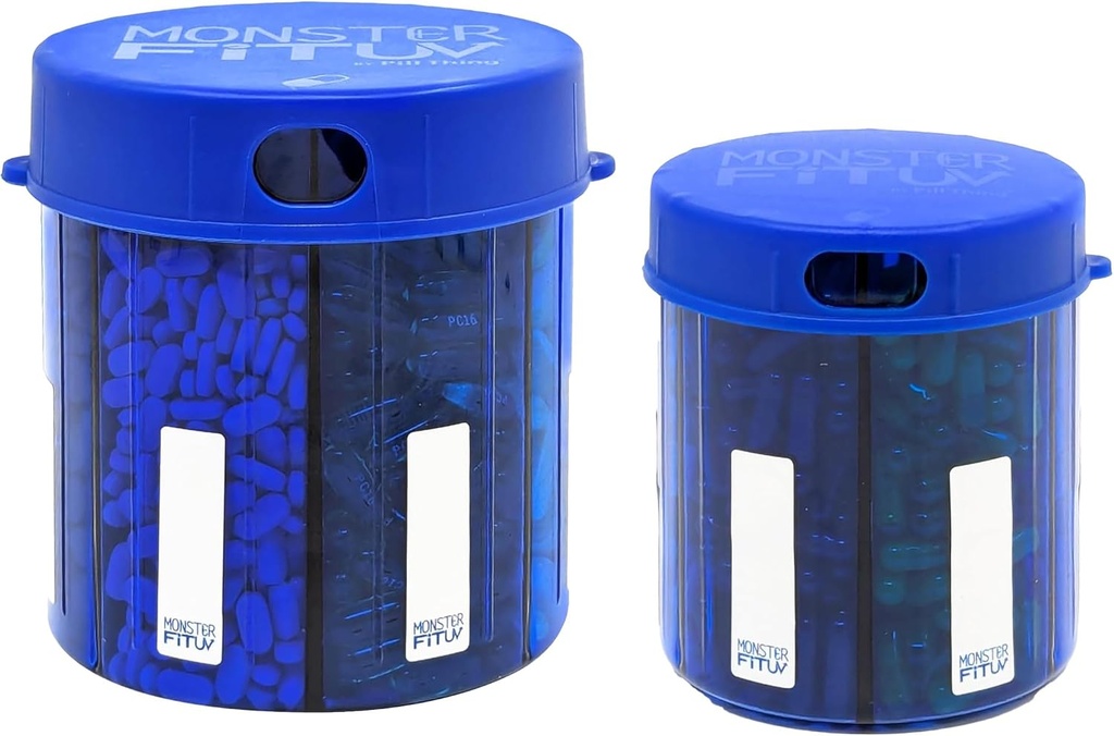 Monster supplement Medication Pill Dispenser med Segment Labels - Ekstra Stor Pill Container Flaske Håndterer næsten ethvert tillæg - Let at dispense (Monster Blå & Monster Jr. Blå)