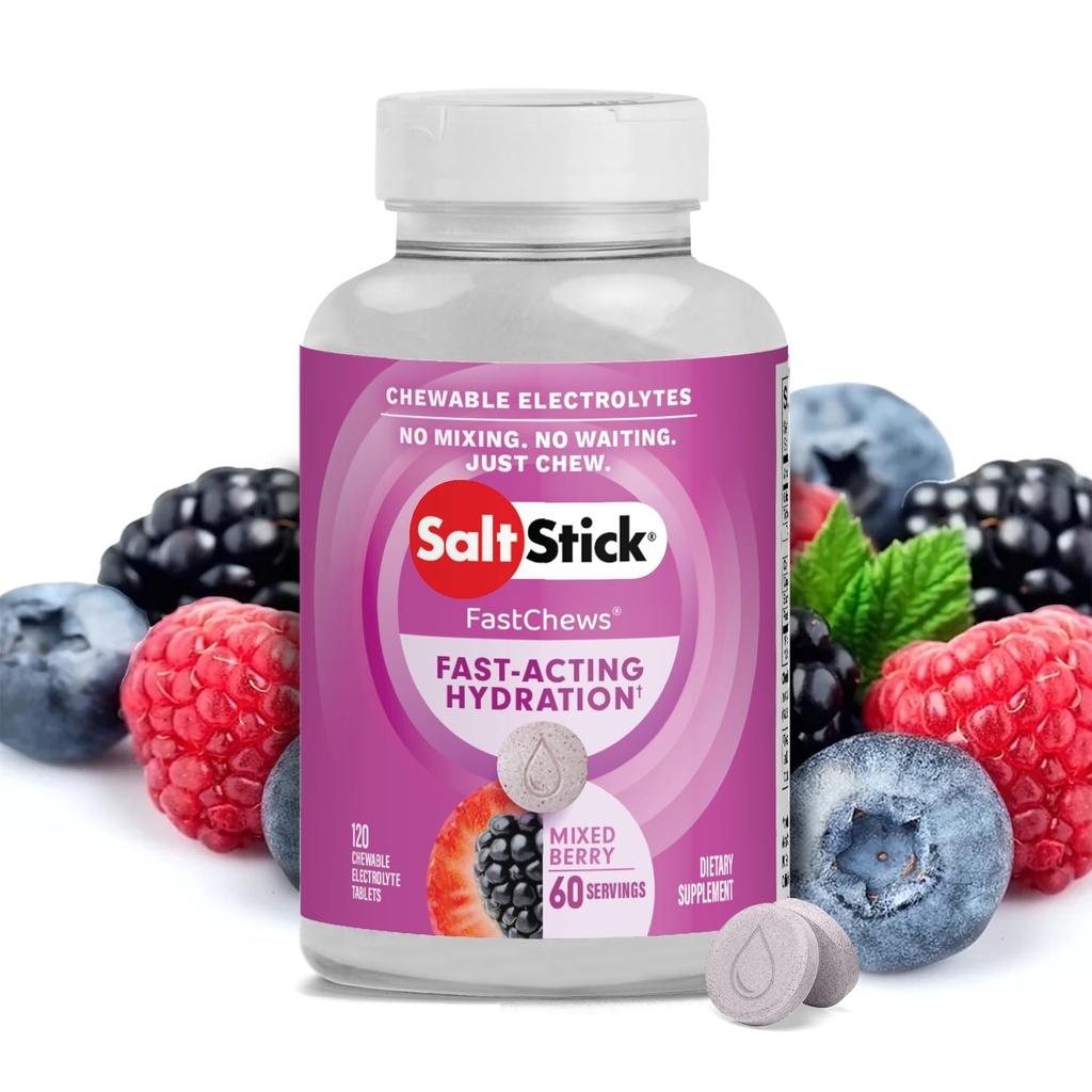 SaltStick Electrolyte FastChews - 120 blandede berry Chewable Electrolytes - Salt Tablets for Running and Hydration, Electrolyte Chews - 120 Greve