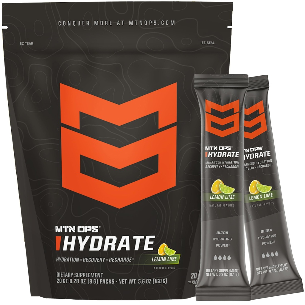 MTN OPS Hydrate Electrolytes Powder Drink Mix, 20 Single Serving On- The- Go Electrolyte Packs med over 1000 mg Electrolytes per Serving, Lemon Lime