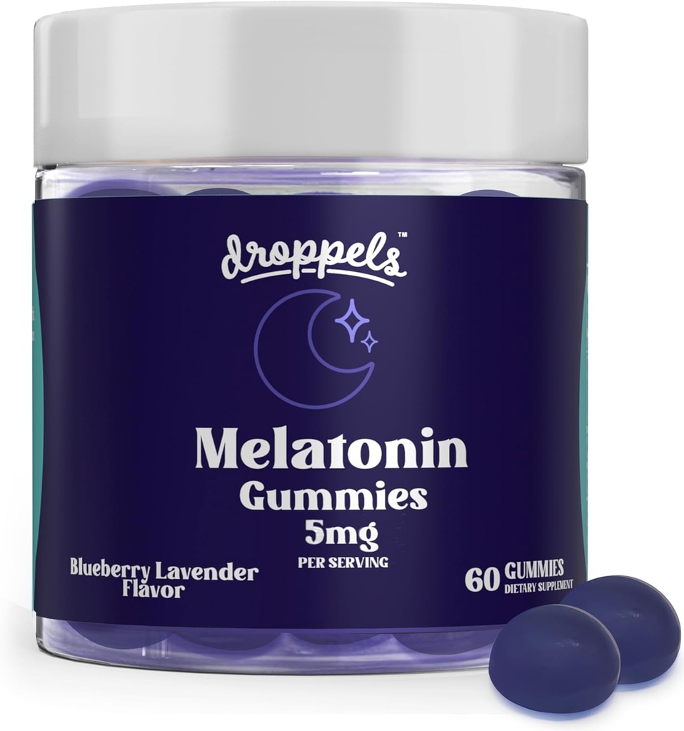 Droppels Melatonin Gummies, 5mg - Plant- baseret, Vegan Melatonin 5mg til Natural Sleep Support med Kamille Extract, 60 Greve, Blueberry Flavor (1 - Måned Supply)