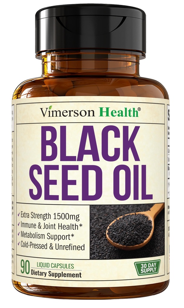 Black Seed Oil - Cold Pressed Black Seed Oil Capsules - Giver vitamin E & Omega 3 6 9 - Høj potens (1500mg) for immunforsvar & fælles støtte, antioxidanter, fordøjelse, hårnegle - Vegan 90 Caps