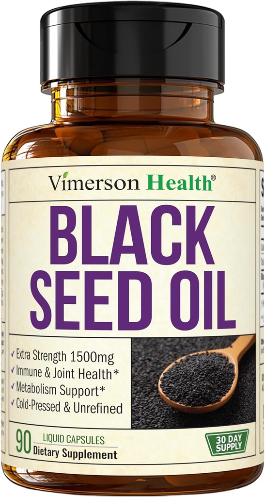 Black Seed Oil - Cold Pressed Black Seed Oil Capsules - Giver vitamin E & Omega 3 6 9 - Høj potens (1500mg) for immunforsvar & fælles støtte, antioxidanter, fordøjelse, hårnegle - Vegan 90 Caps