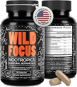 Wild Focus Brain Kosttilskud er 124; Coffein- Free, Plant- baserede Botanticals er 124; Lions Mane, Ginkgo Biloba, Bacopa Monnieri, Lemon Balm er 124; 100% Natural Nootrop Dex124; 60 caps