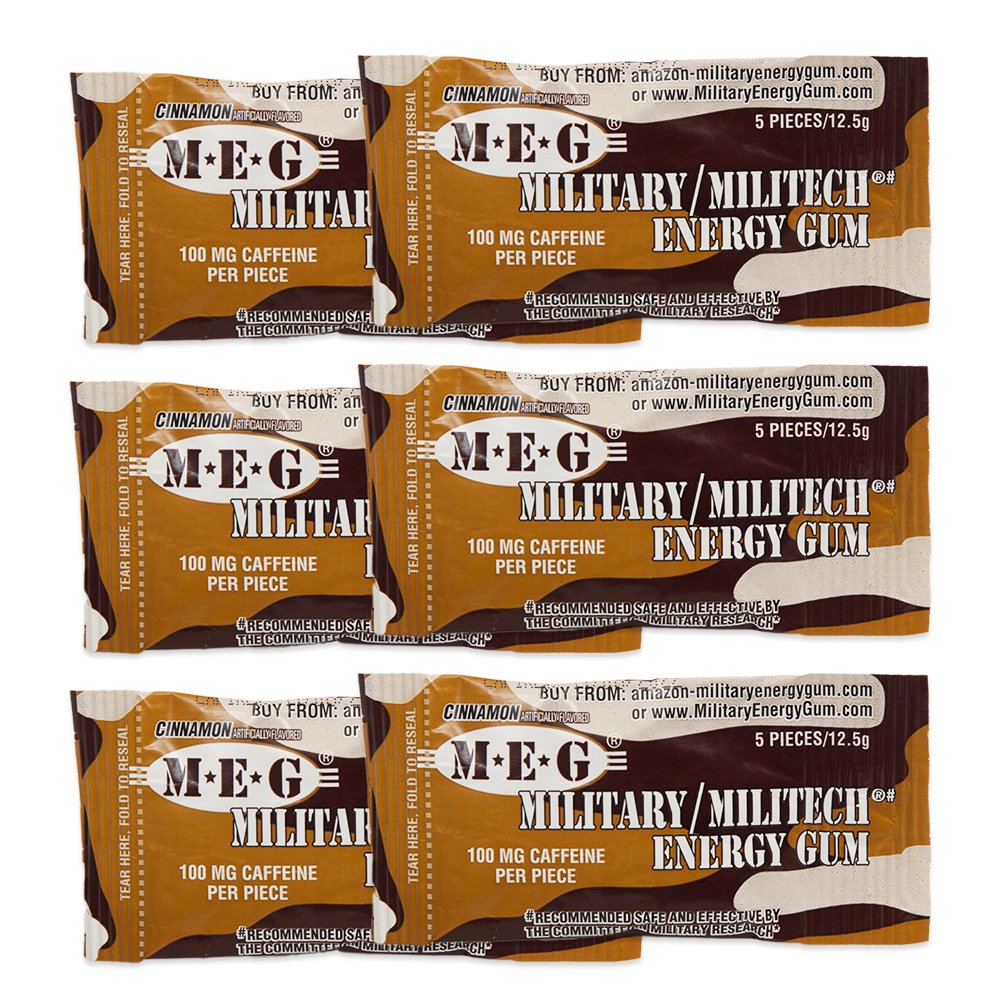 MEG - Military Energy Gum against 124; 100 mg koffein pr stykke + øge energi + boost fysisk ydeevne + kanel 6 Pack (30 Tæl)