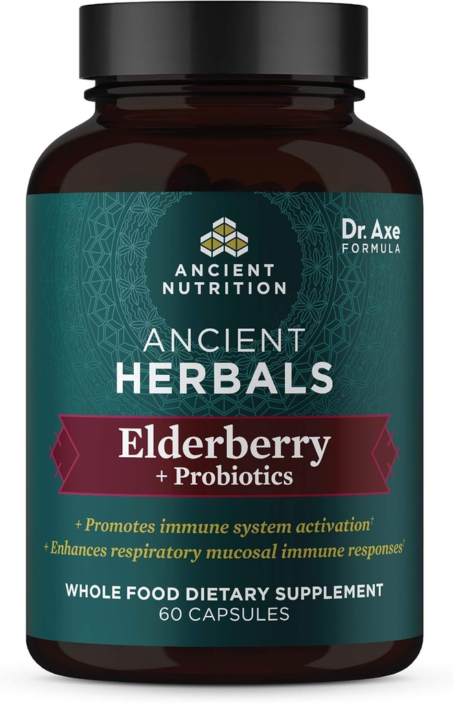Ancient Nutrition Elderberry and Probiotics Supplement, Ancient Herbals Black Elderberry Kapsler, Immunsystemet Support, Hele kosttilskud, Gluten Free, Paleo og Keto Friendly, 60 Kapsler