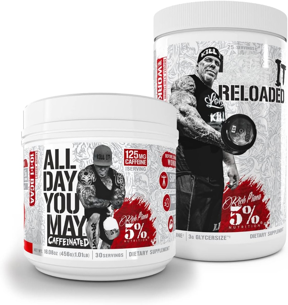 5% Nutrition Rich Piana Bundle against 124; AllDayYouMay Coffed BCAA pulver + Kill It reloaded High- Stim Pre- workout (Fruit Punch)