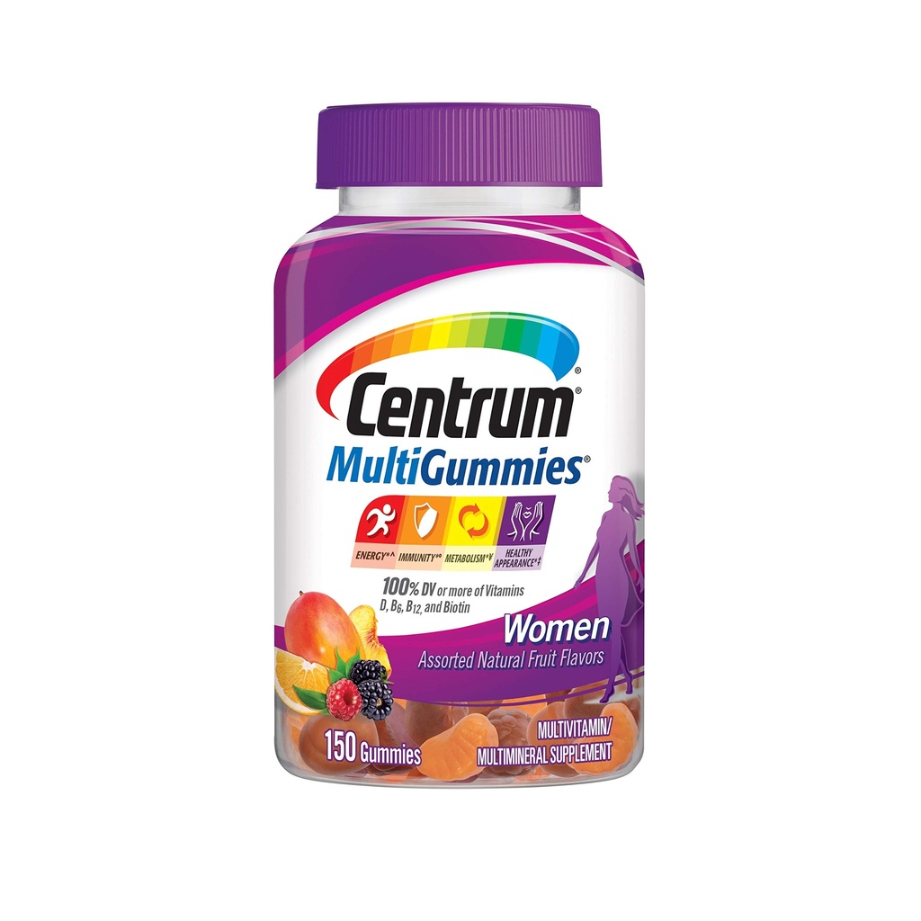 Centrum MultiGummies Gummy Multivitamin til kvinder, Multivitamin / Multimineral tillæg med vitamin D3, B Vitaminer og antioxidanter, Assorted Fruit Flavor - 150 Tæl