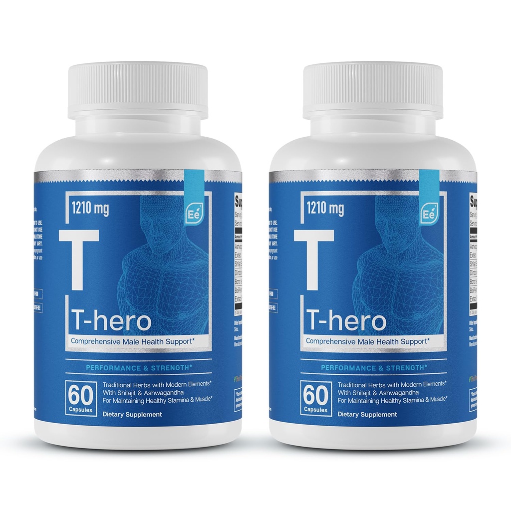 Væsentlige elementer T-Hero - Daglig Testosteron støtte til mænd - fremmer Vitality & Drive - med Ashwagandha, Shilajit, Boron, DIM - 60 Greve - 30 Servere (2-Pack)
