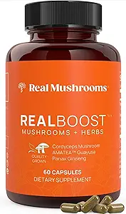 Rigtige svampe RealBoost kapsler - Cordyceps Mushroom, Panax Ginseng & Guayusa Extract - for Samlet Wellness & Energy Support - Vegan, Non- GMO, Ingen Fillers - 60 Count Mushroom Supplement Blend