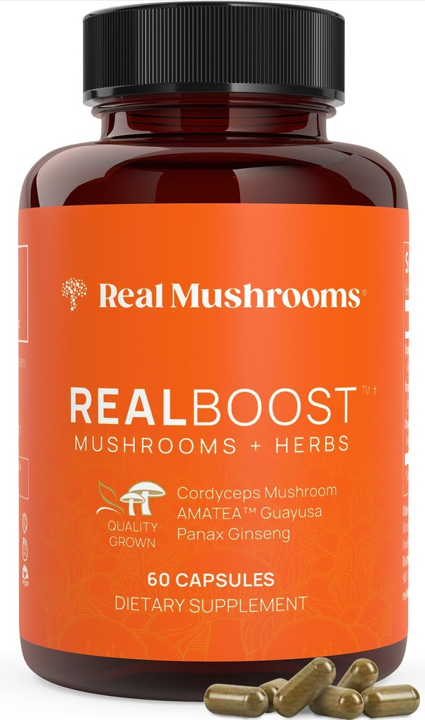 Rigtige svampe RealBoost kapsler - Cordyceps Mushroom, Panax Ginseng & Guayusa Extract - for Samlet Wellness & Energy Support - Vegan, Non- GMO, Ingen Fillers - 60 Count Mushroom Supplement Blend