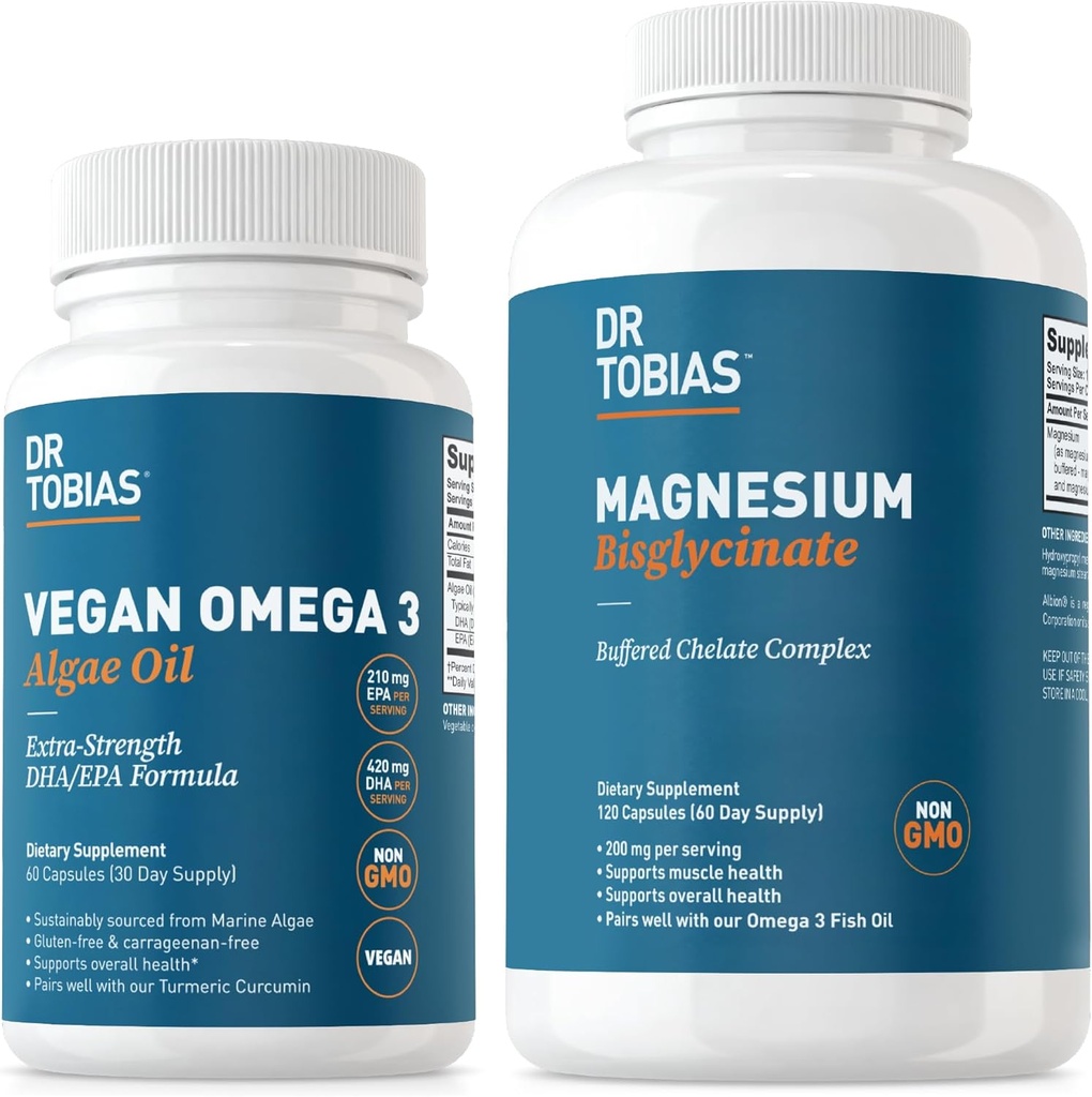 Dr. Tobias Vegan Omega 3 Alger Oil og Magnesium Bisglycinate, Essential Wellness Support for Heart, Brain, Muscle, and Bone Health, Non- GMO, Vegan