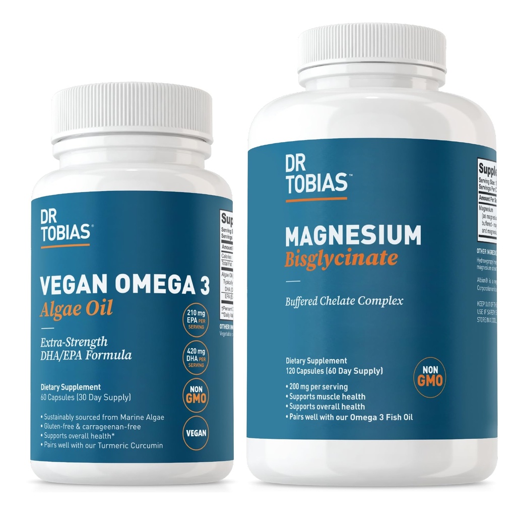 Dr. Tobias Vegan Omega 3 Alger Oil og Magnesium Bisglycinate, Essential Wellness Support for Heart, Brain, Muscle, and Bone Health, Non- GMO, Vegan
