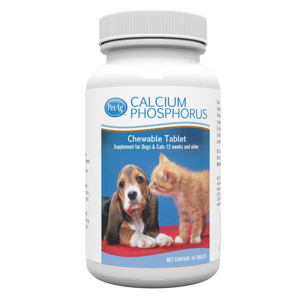PetAg Calciumfosfortabletter - 50 tabletter - Daily- Use, Chewable Supplement til hunde & katte 12 uger og ældre - Forstærket med D-vitamin