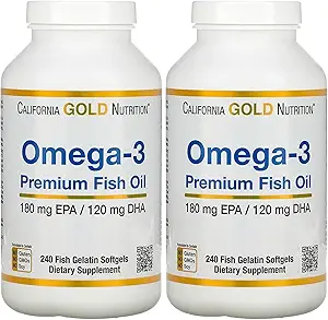 California Gold Nutrition Premium Fish Oil, Omega-3, 180 mg EPA, 120 mg DHA, Concentrated Triglyceride Form, 240 Fish Gelatin Softgels, 2 Pack