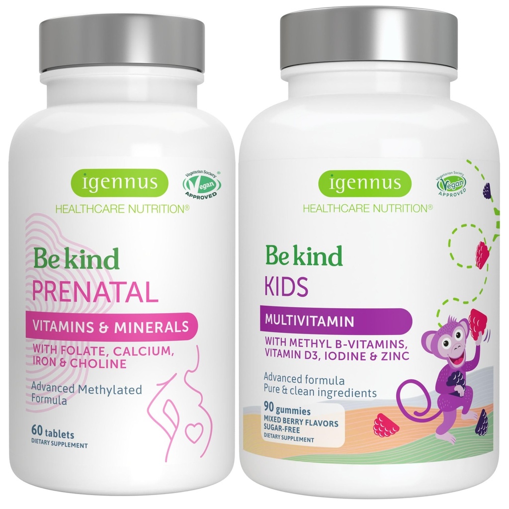 Høj Absorption Methylerede Prenatal + Advanced Kids Multivitamin Gummy Vegan Bundle, Clean Label med vitamin A, B, C, D3 & E, 60 tabletter + 90 Berry Flavor Gummies, Vær venlig ved Igennus