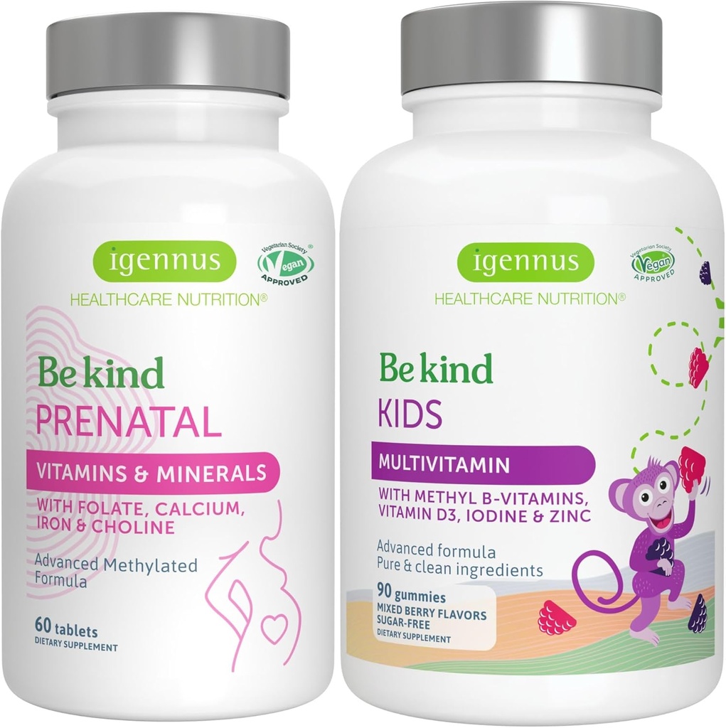 High Absorption Methylated Prenatal + Advanced Kids Multivitamin Gummy Vegan Bundle, Clean Label with Vitamin A, B, C, D3 & E, 60 Tablets + 90 Berry Flavor Gummies, Be Kind by Igennus