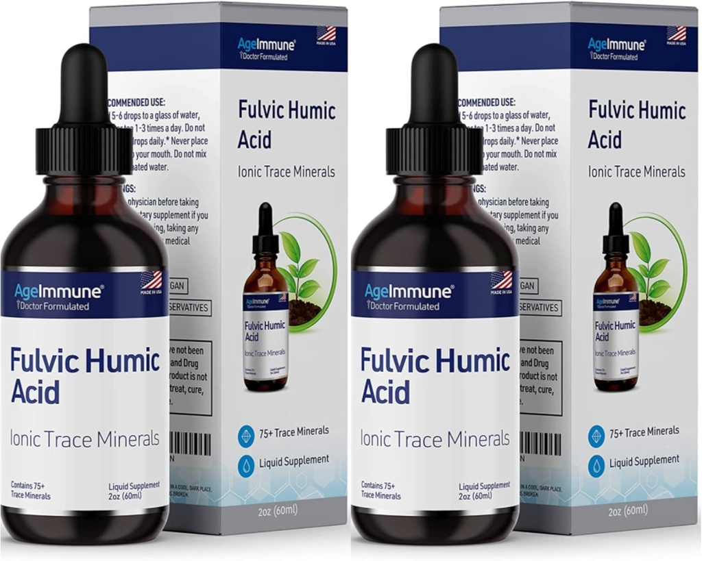 Fulvic Humic Acid Liquid Supplement. Plant Afledt Mineral Drops, Over 75 Trace Minerals for Energy Boost. Op til 8 Måneders Tilgang. Koncentration 250%. 2oz Hver. 2 Flasker.