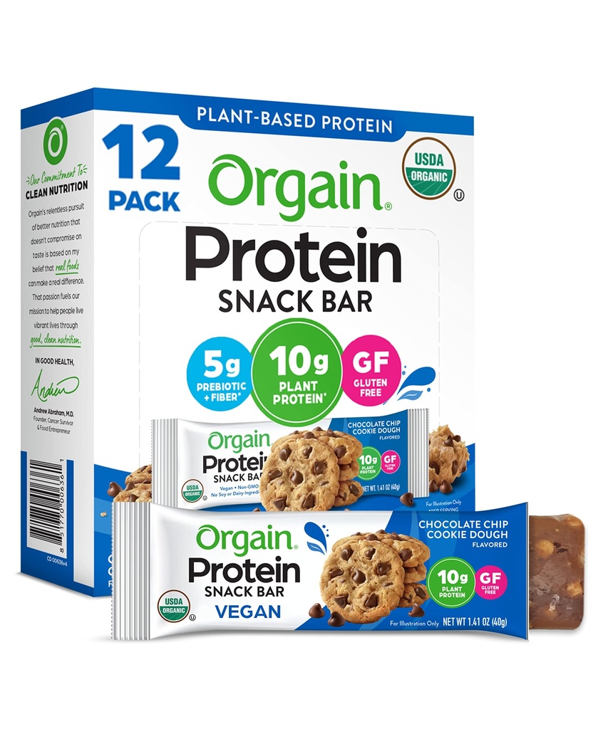 Orgain Organic Vegan Protein Bars, Chokolade Chip Cookie Dough - 10g Plant baseret protein, lav kalorie sunde snacks, ingen laktose eller sojaingredienser, Gluten Free, Non- GMO - 1.41 Oz (Pack of 12)
