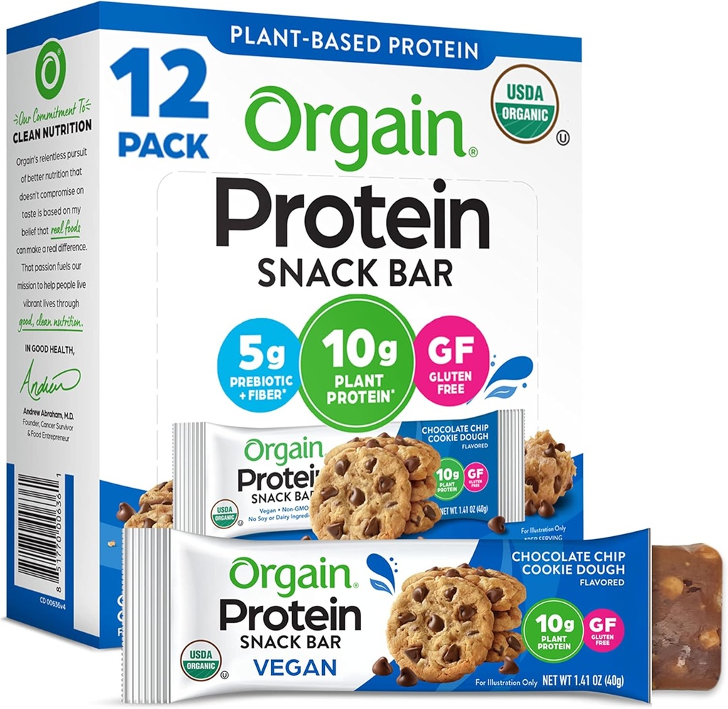 Orgain Organic Vegan Protein Bars, Chokolade Chip Cookie Dough - 10g Plant baseret protein, lav kalorie sunde snacks, ingen laktose eller sojaingredienser, Gluten Free, Non- GMO - 1.41 Oz (Pack of 12)