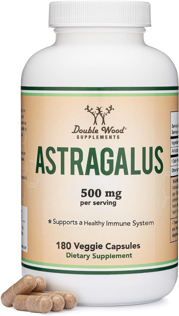 Dobbelt Wood Kosttilskud Promosting Astragalus 500mg 180 Kapsler - Rig i flavonoider og polysaccharider - Non-GMO, Gluten Free, Tredjeparts testet