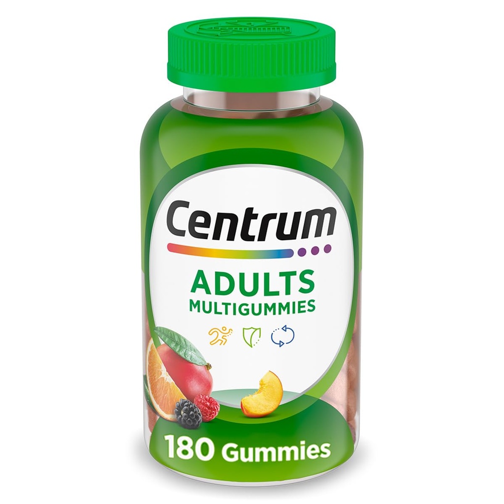Centrum MultiGummies Gummy Multivitamin til voksne, Multivitamin / Multimineral supplement med vitaminer D, B og E, Assorterede Frugtsmag - 180 Tæl