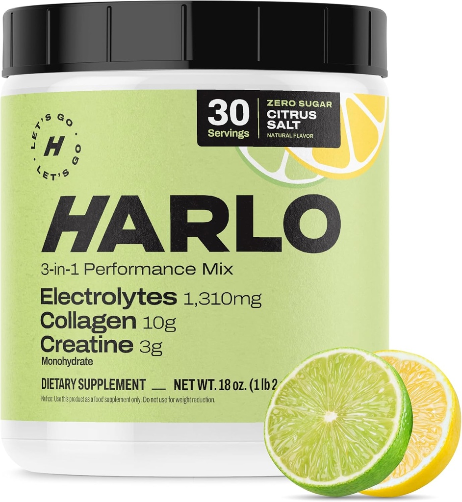 Harlo - Citrus Salt Electrolyte Drink Mix med Bovin Collagen & Creatin - Creatin monohydrat Powder - Energy Drink Powder - Pre Workout Powder - Sugar Free Energy Drinks - Post Workout Inddrivelse
