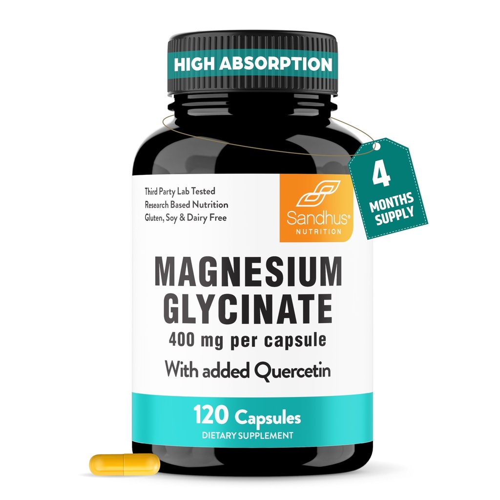 Sandhu 's Magnesium Glycinate 400mg kapsler med Quercetin Note 124; Quality Sleep, Relaxation, Muscle Health & immunsupport