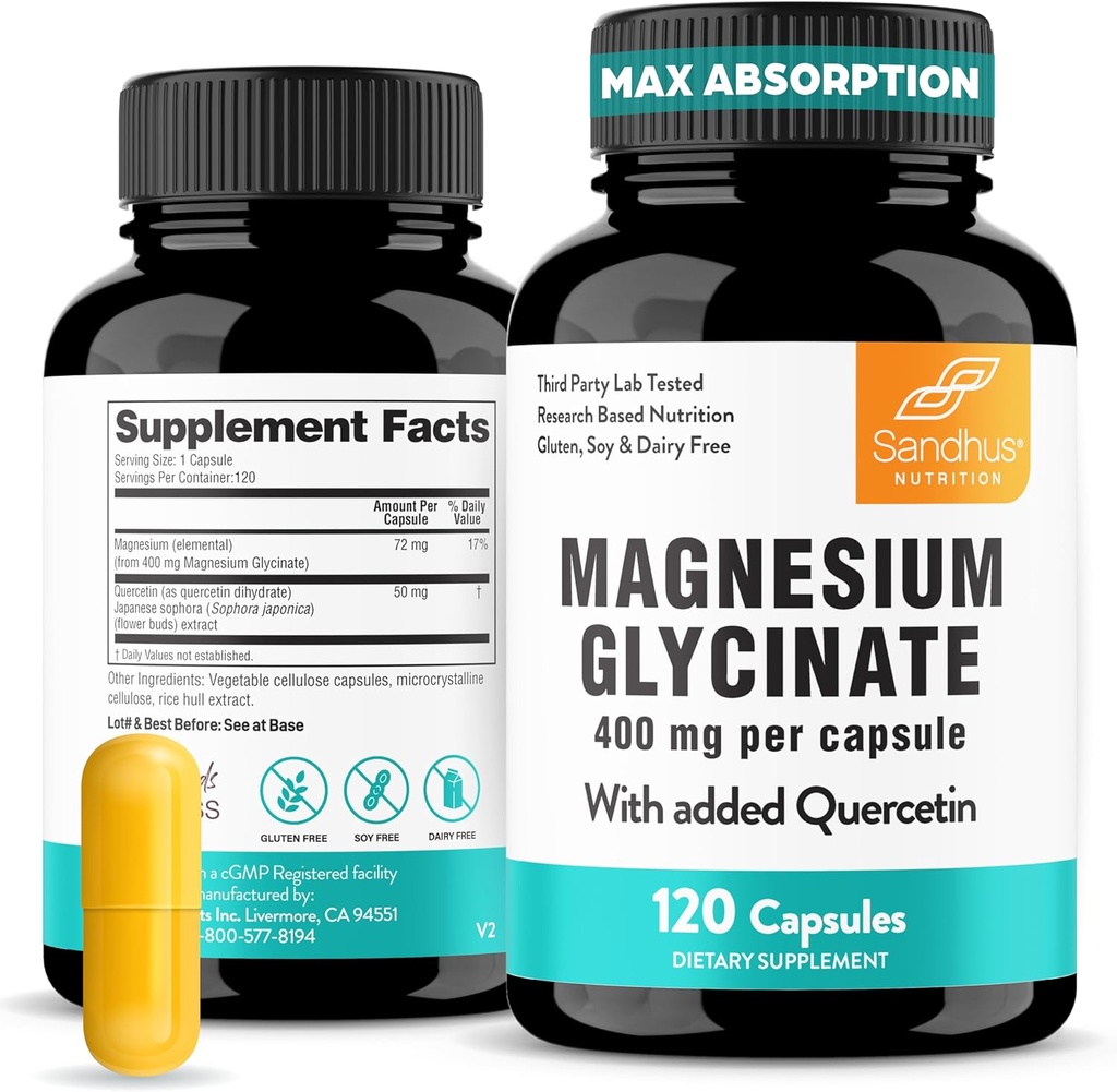 Sandhu's Magnesium Glycinate 400mg Capsules with Quercetin | Quality Sleep, Relaxation, Muscle Health & Immune Support | 120 Count (Pack of 1) | Easy to Swallow | for Women and Men