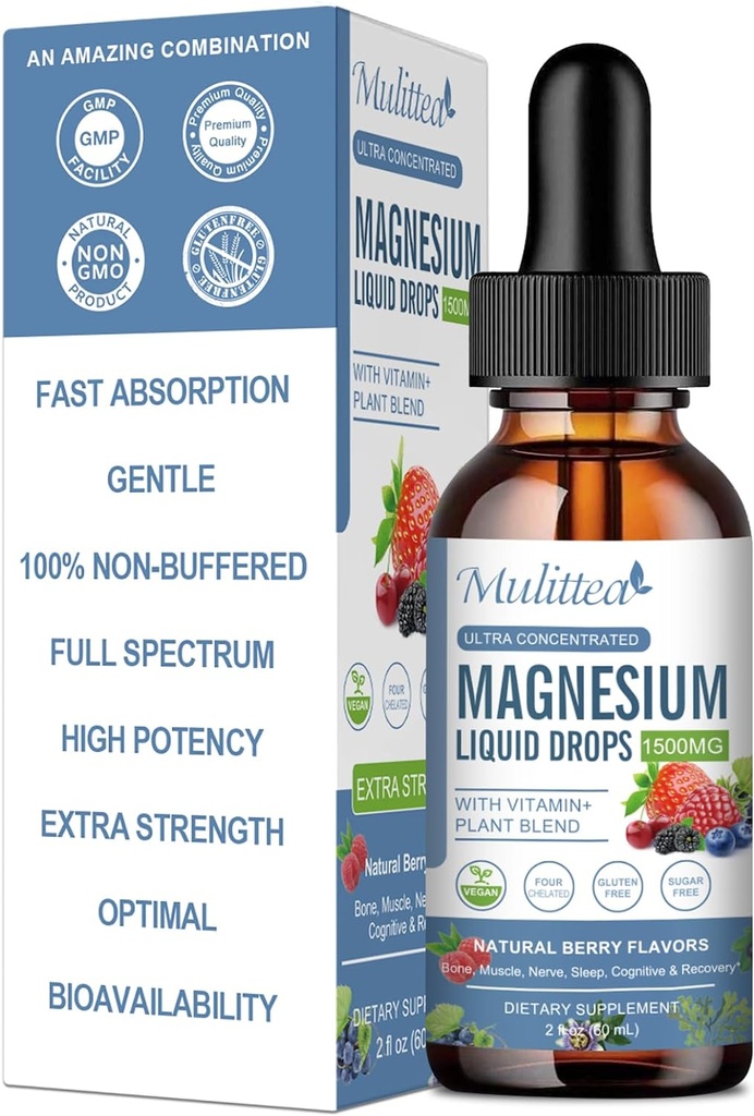 Magnesium Glycinate Liquid Drop - Triple Absorption Supplement til støtte nerver, søvn, rolig, hjerte, muskler * -sukkerfri med kalium, L- Theanine, Sea Moss Moss Vitamin B, C, D3, K2- 1Pack