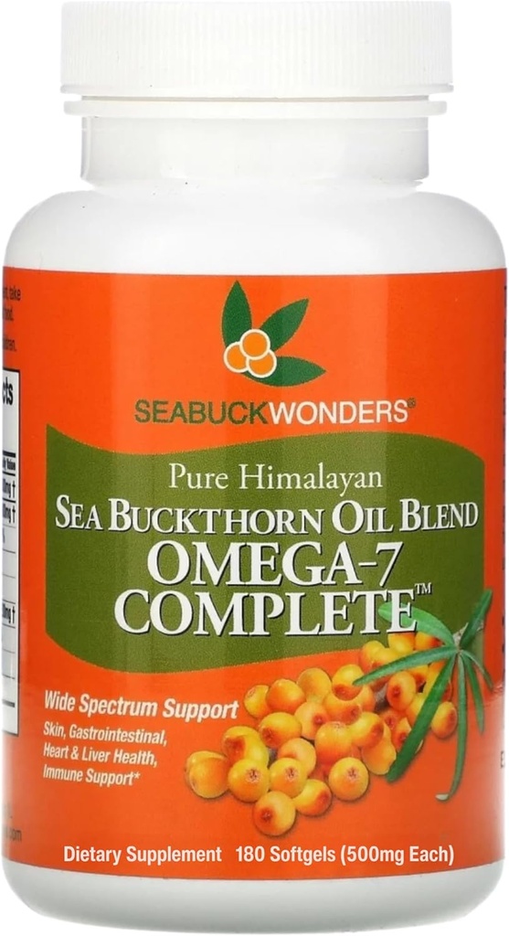SeabuckWonders Organic Sea Buckthorn Oil, Omega- 7 Complete Softgels, 180 Greve, med Omega 3, 6 & 9, Understøtter hår, Hud & Nail Sundhed, 1000mg pr Servering