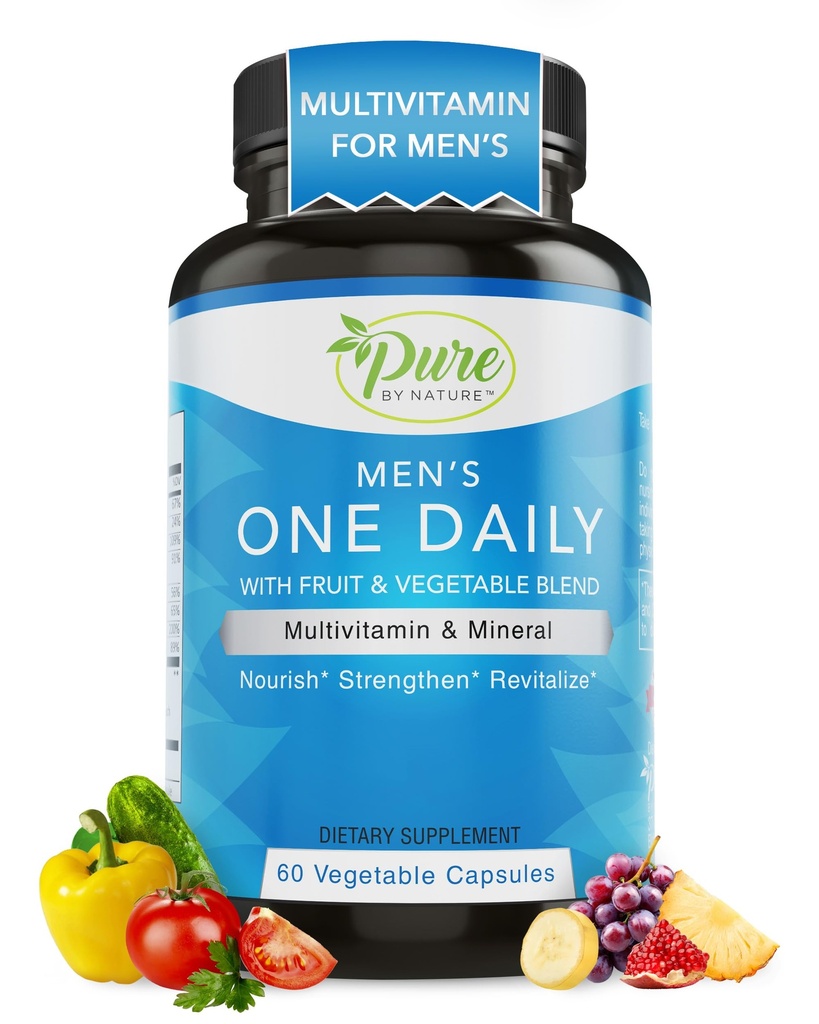 Pure By Nature One- Daily Multivitamin til mænd, immunsupporttillæg med non-GMO ingredient, Vitamin & Min til energi, 60 Veggie kapsler