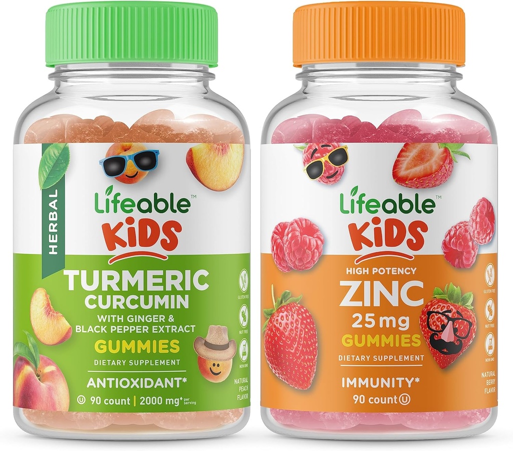 Lifeable Gurkemeje Kids + Zink 25mg Kids, Gummies Bundle - Great Tasting, Vitamin Supplement, Gluten fri, GMO fri, Chewable Gummy