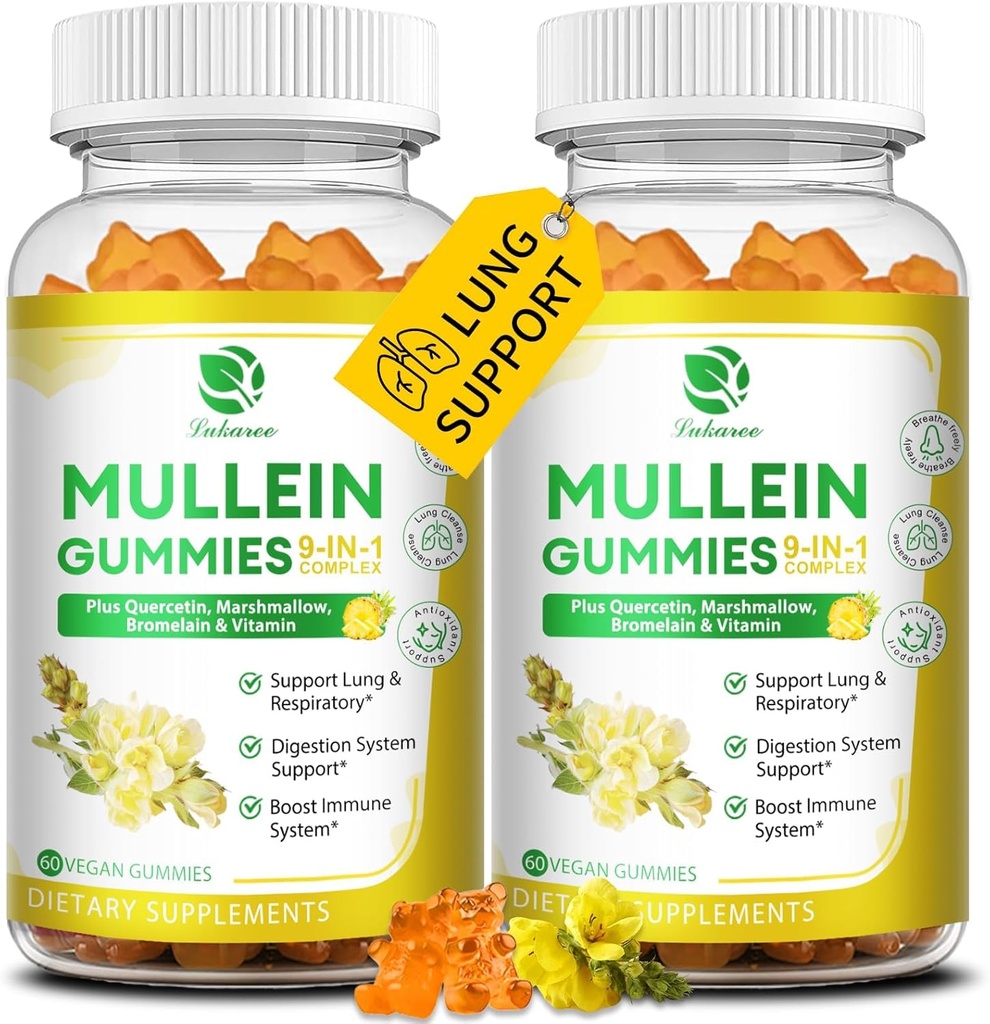 (2 Pack) 9 i 1 Mullein Gummies for Lung Cleanse & Detox, Extra Strength Mullein Leaf Extract w / Quercetin, Bromelain, Elderberry & Marshmallow for Respiratory, immun & fordøjelig, Vegan, 120 Count