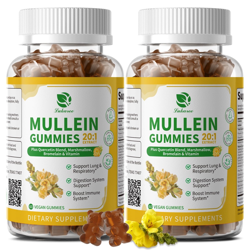 (2 Pack) 9 i 1 Mullein Gummies for Lung Cleanse & Detox, Extra Strength Mullein Leaf Extract w / Quercetin, Bromelain, Elderberry & Marshmallow for Respiratory, immun & fordøjelig, Vegan, 120 Count