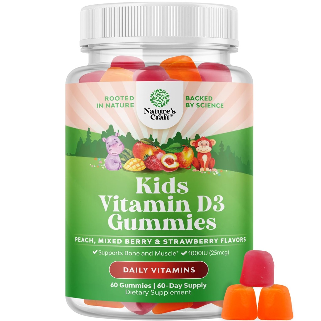 Chewable D-vitamin Gummies til børn - Lækre børn D-vitamin 1000 IE Per servering Gummy Vitamin til og Toddlers immunstøtte Plus Muskeltænder og ben sundhed - Gelatine gratis frugtsmag