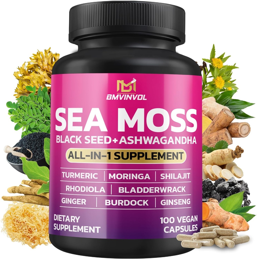 BMVINVOL Sea Moss Black Seed Shilajit Ashwagandha + Bladderwrack, Ginger, Moringa, Turmerisk, Burdock, Ginseng, Rhodiola Rosea - 100 kapsler
