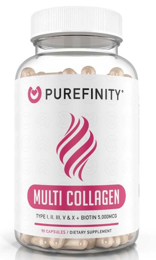 PUREFINITY Kollagen peptider for kvinder - Type I, II, III, V & X med biotin & hyaluronsyre, understøtter sund hud, knogler, hår & negle - ikke-GMO, grassefed (90 kapsler, 1 måned Tilgang)