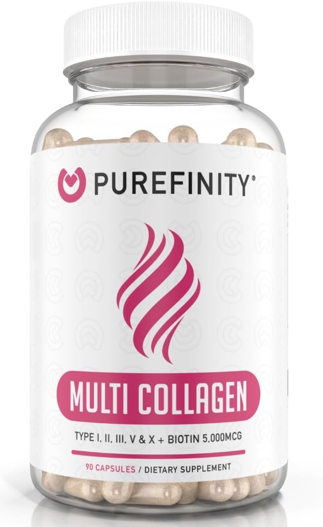 PUREFINITY Kollagen peptider for kvinder - Type I, II, III, V & X med biotin & hyaluronsyre, understøtter sund hud, knogler, hår & negle - ikke-GMO, grassefed (90 kapsler, 1 måned Tilgang)