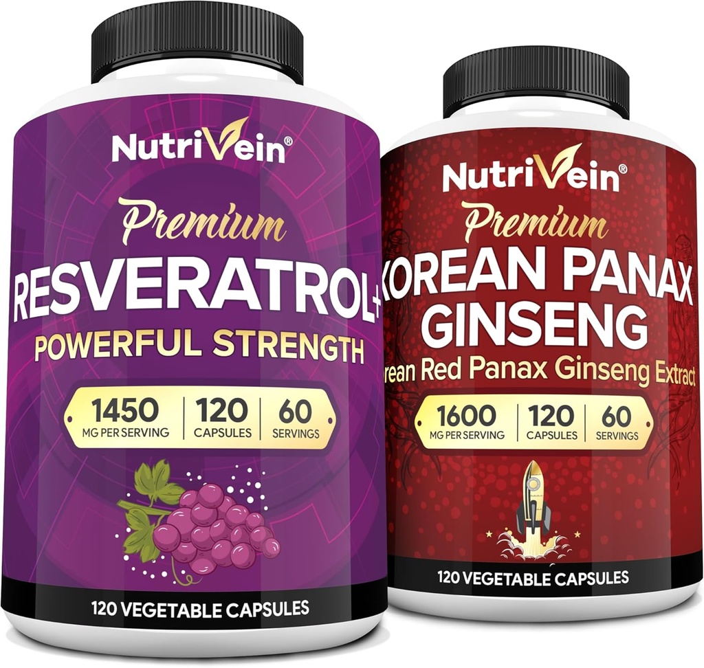 Nutrivein Premium Koreansk Panax Ginseng Supplement & Resveratrol Supplement Bundle: High- Absorption Resveratrol Kapsler & Ginseng til hjerne, forsvar, reparation og vitalitet