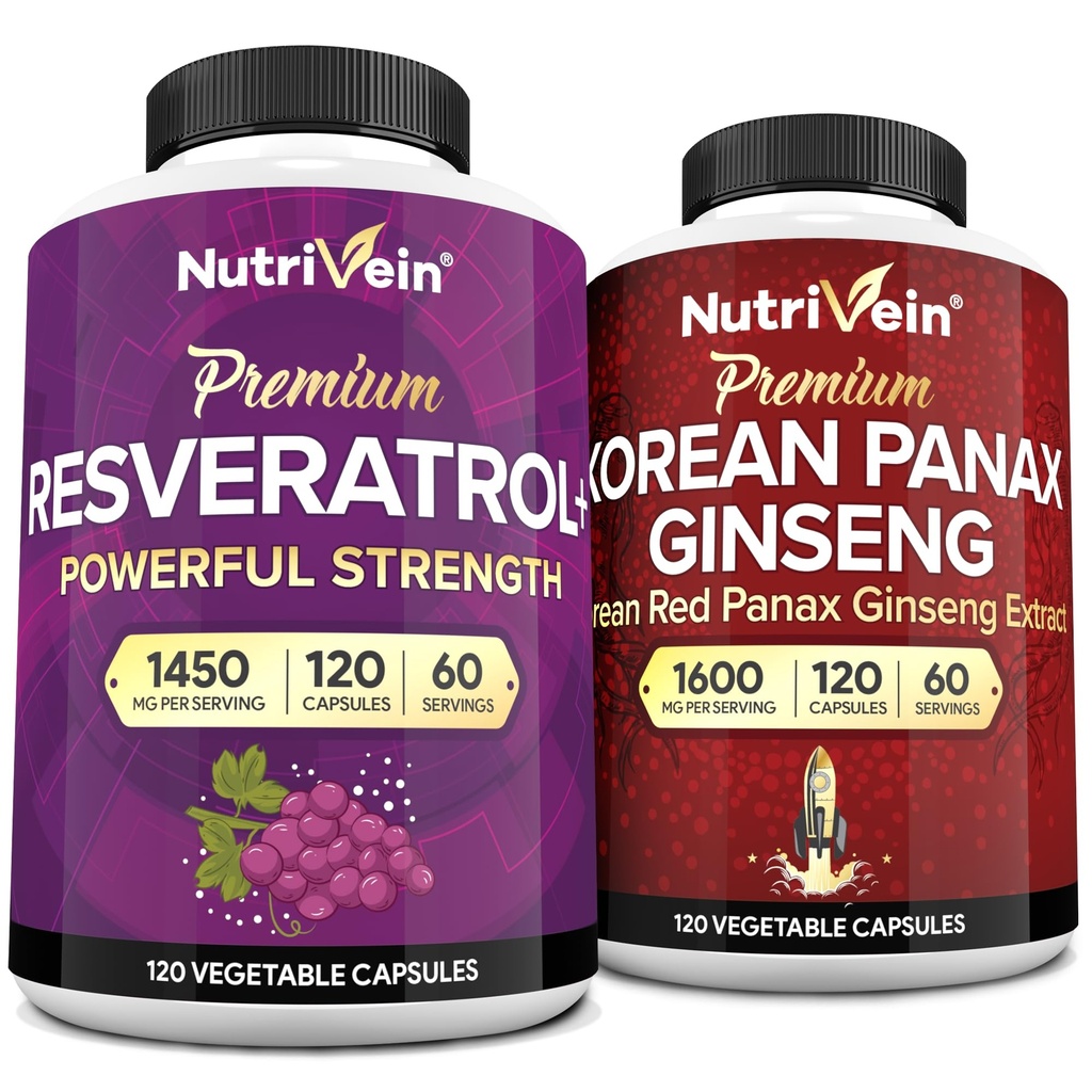 Nutrivein Premium Koreansk Panax Ginseng Supplement & Resveratrol Supplement Bundle: High- Absorption Resveratrol Kapsler & Ginseng til hjerne, forsvar, reparation og vitalitet