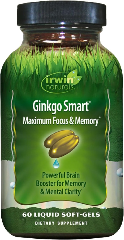 Irwin Naturals Ginkgo Smart kraftfuld Nootrop Brain Booster - understøtter maksimal hukommelse, Focus & Mental Klarhed med DMAE, Clubmoss, Cholin & Acetyl L- Carnitin - 60 flydende bløddele