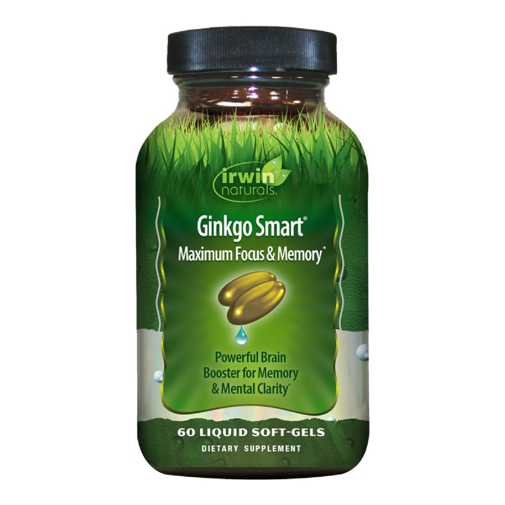 Irwin Naturals Ginkgo Smart kraftfuld Nootrop Brain Booster - understøtter maksimal hukommelse, Focus & Mental Klarhed med DMAE, Clubmoss, Cholin & Acetyl L- Carnitin - 60 flydende bløddele