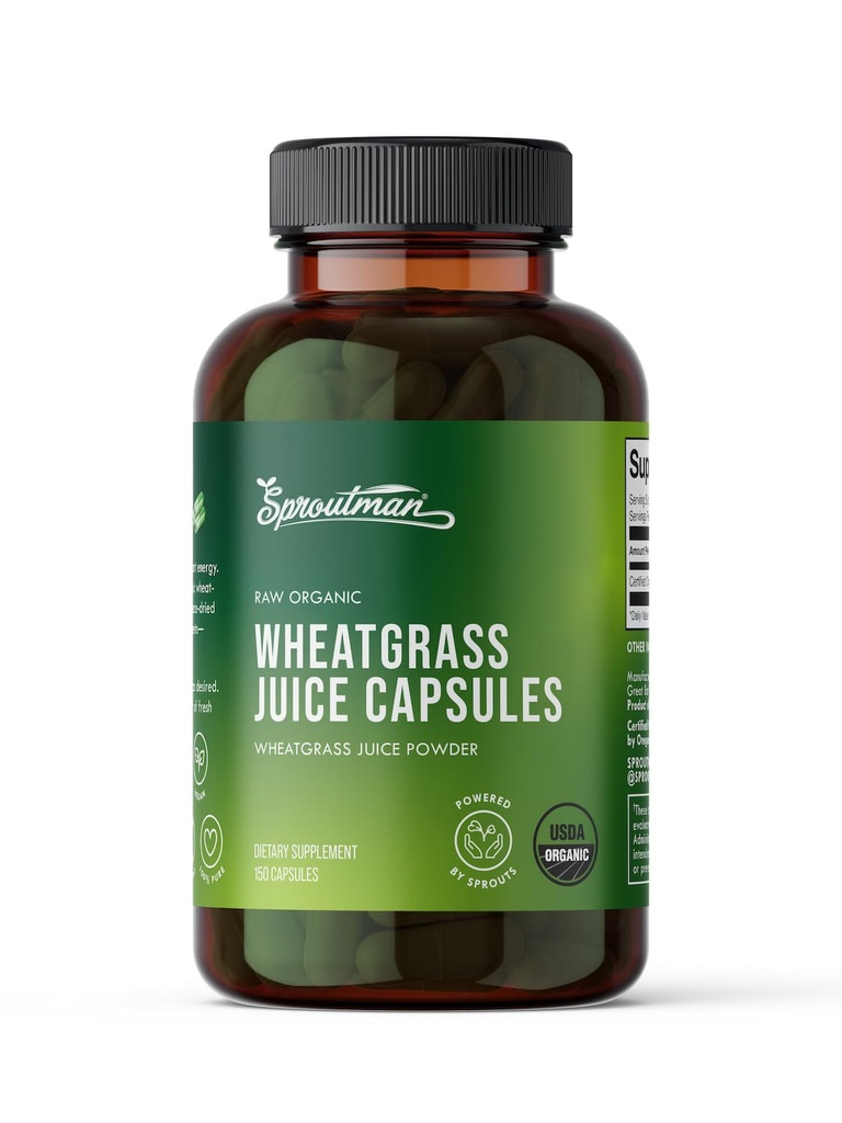 Organic Wheatgrass Juice Powder Capsules by Sproutman - 100% Pure Wheatgrass - Aids fordøjelse - Høj i vitaminer, antioxidanter, chlorophyll, enzymer, mineraler og energi (150 piller)