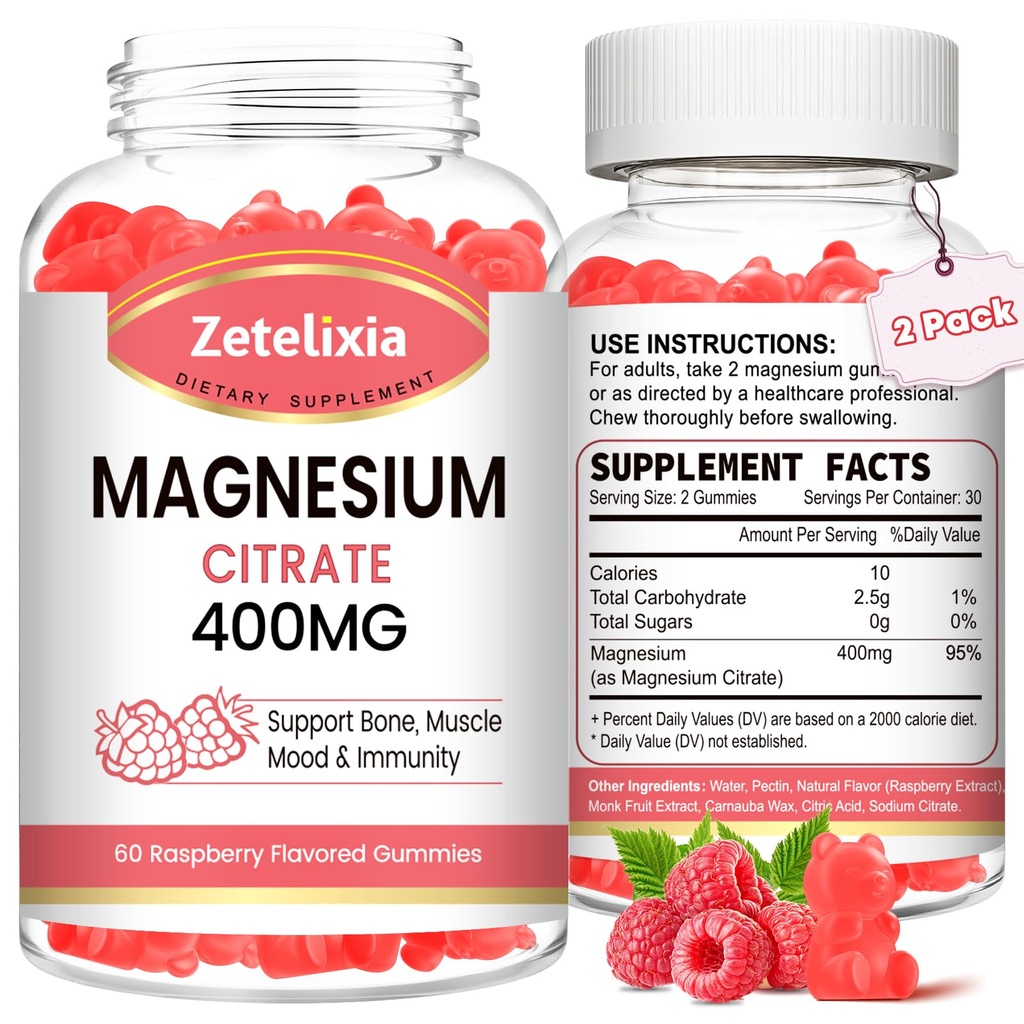 2 Pack Magnesium Citrate Gummies 400MG, Høj Absorption Magnesium Gummies for voksne, Muskel & Tænder Support, Vegan 120 Cts